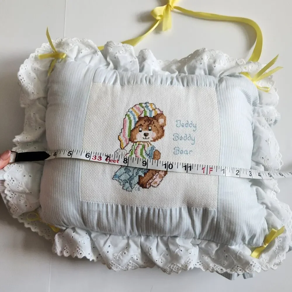 Vintage 80s Teddy Beddy Bear Cross Stitch Baby Pillow – Retro Nursery Décor